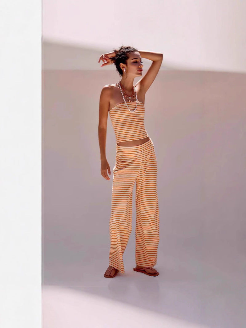 Women's striped tube top and matching pants set by FitiqueFit, casualwear, featuring a stylish 2-piece modal outfit.