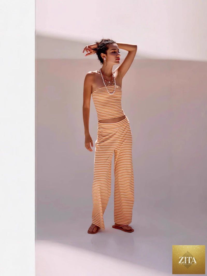 Women's striped tube top and pants set by Zita La Belle Elite, casual modal matching outfit with stylish stripes.