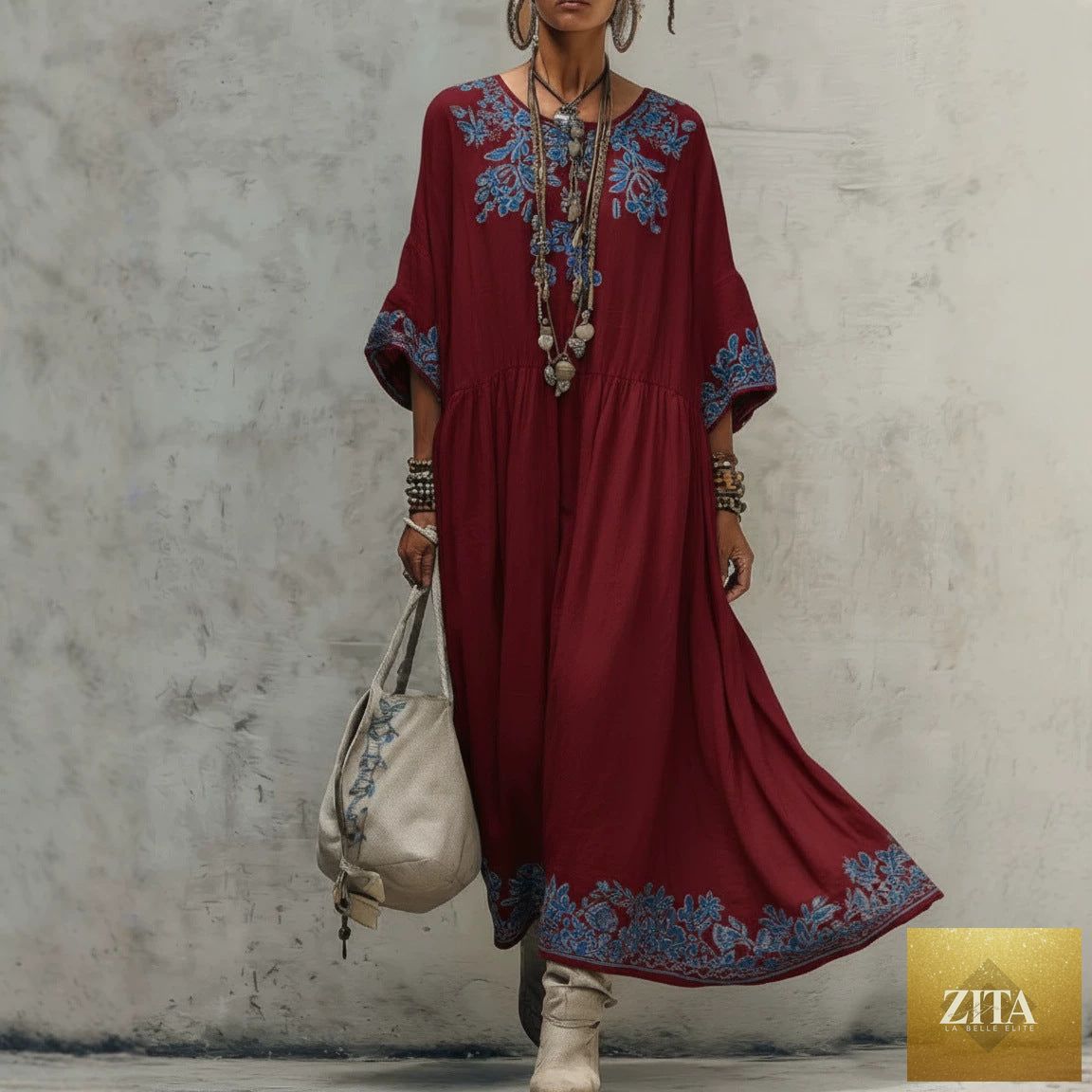 Women's printed batwing sleeve midi dress by Zita La Belle Elite, loose fit linen blend with floral pattern and relaxed style.