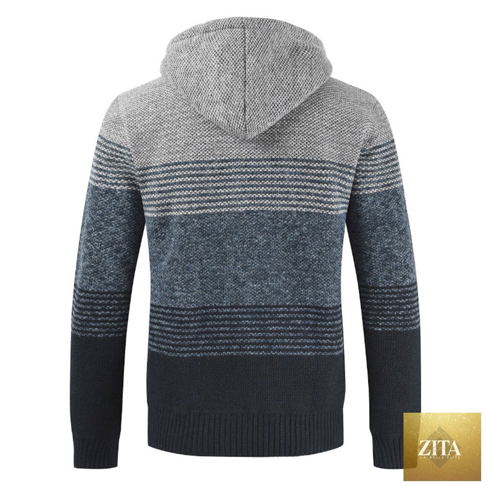 Men's autumn winter hooded sweater cardigan by FLIPSTYLEZLLC, showing a cozy knit coat with a hood and button closure.