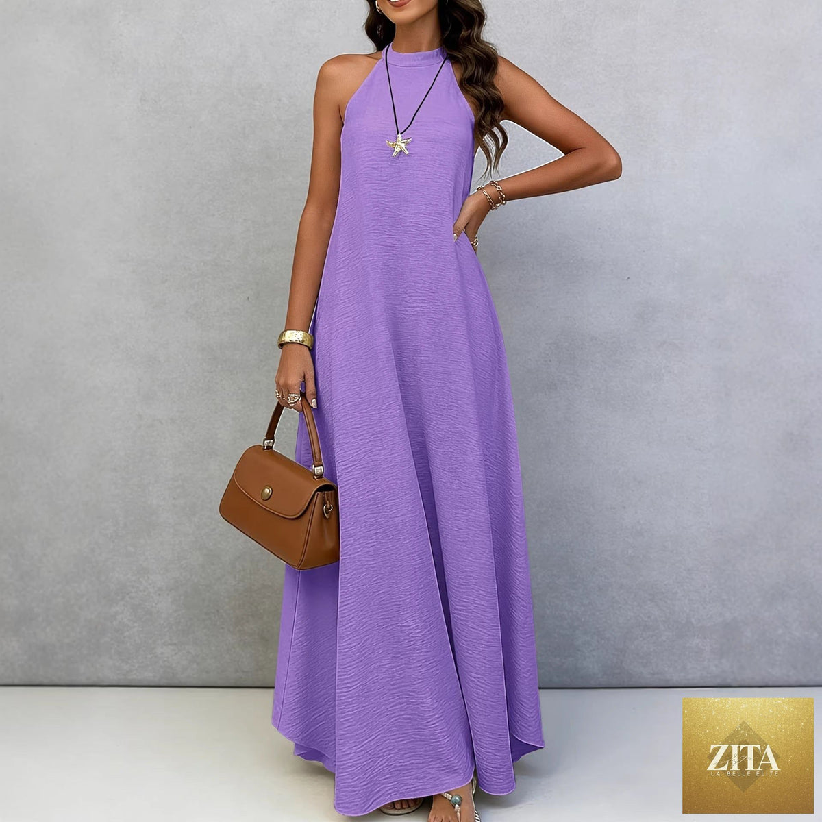 Women's Ice Silk Crinkle Sleeveless Swing Maxi Dress by Zita La Belle Elite, casualwear, flowing fabric, sleeveless design, elegant and comfortable