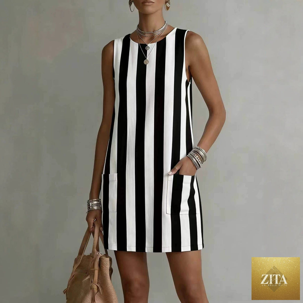 Women's striped color-block sleeveless mini dress by FitiqueFit, featuring a casual loose fit and vibrant pattern, perfect for summer wear.