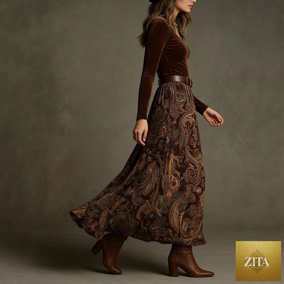 Women's floral print long sleeve skirt set with belt in caramel, casualwear by Zita La Belle Elite, stylish and comfortable.