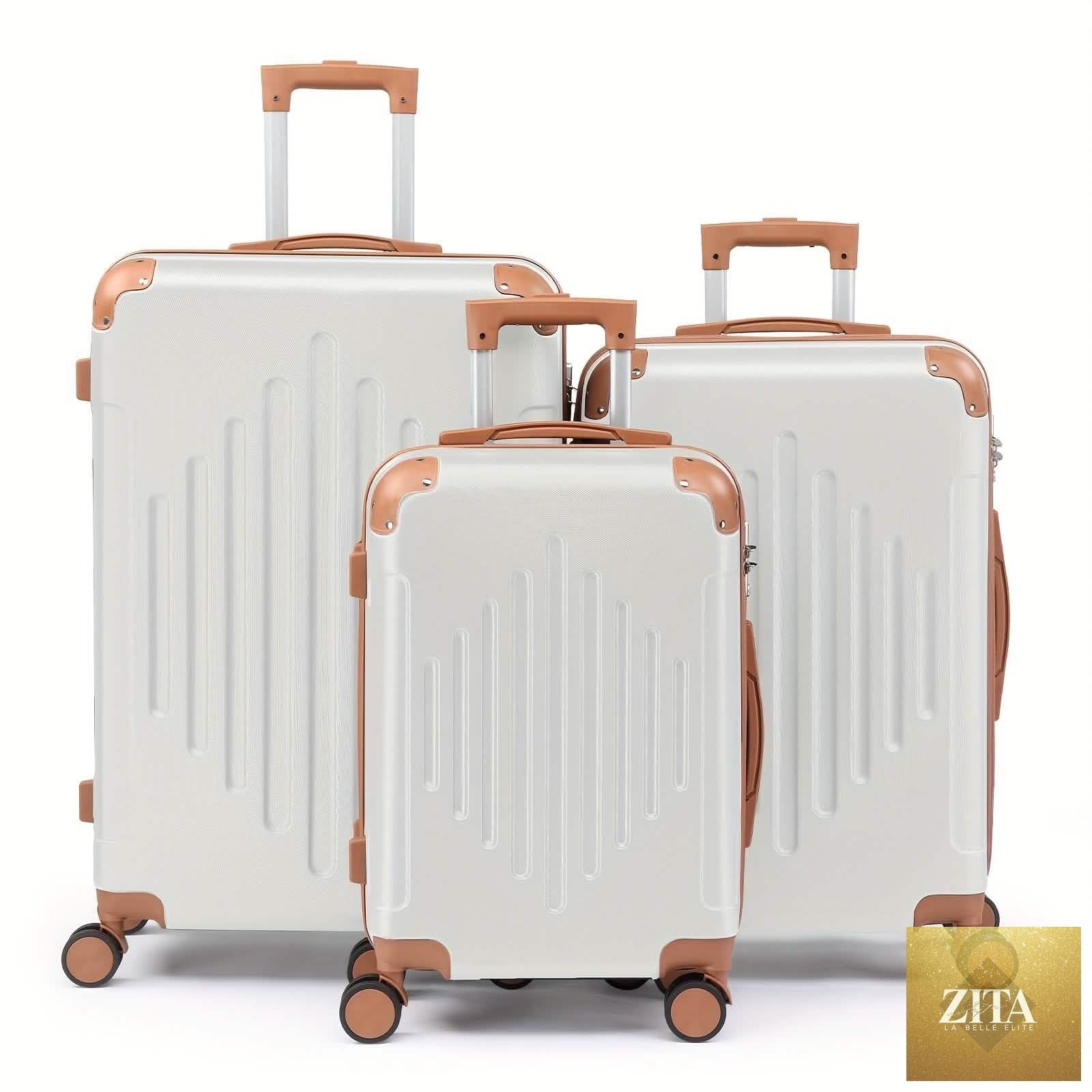 Three-piece hard shell travel luggage set with TSA locks and 360° spinner wheels in sizes 20, 24, and 28 inches.