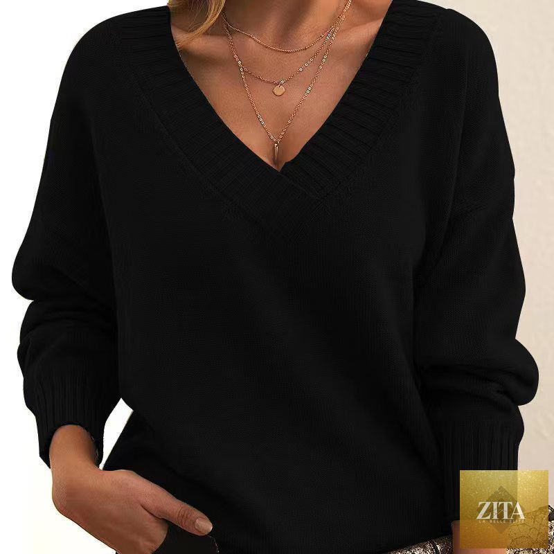 Women’s V-neck drop shoulder sweater by FitiqueFit, casual long sleeve pullover in soft knit fabric, styled for relaxed comfort.