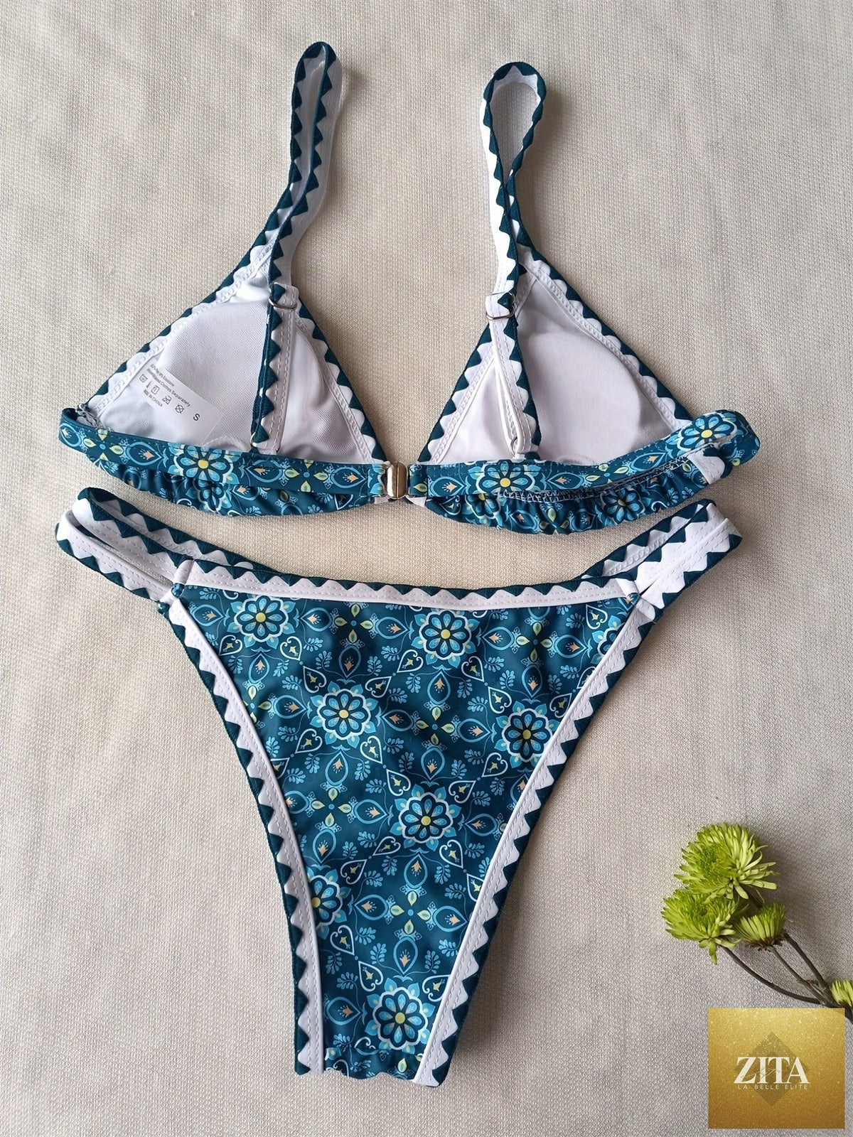 Stevvex Blossom Charm high-cut bikini set for summer, floral print strapless swimsuit with embroidered cut-out top and back buckle.