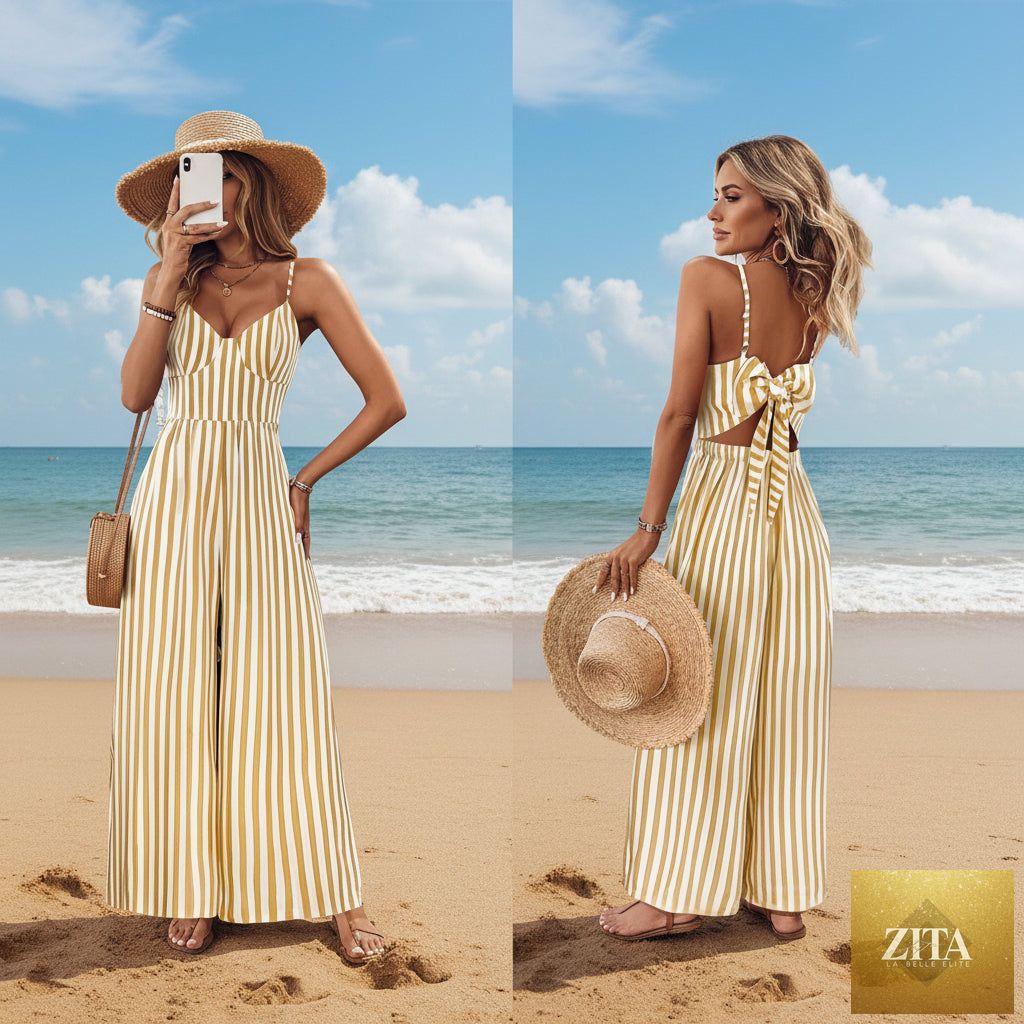 Yellow backless sleeveless strap jumpsuit from FitiqueFit, featuring a printed design and relaxed fit, perfect for warm weather.