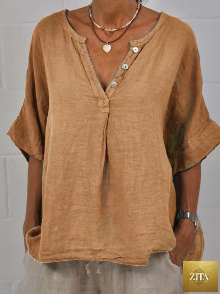 Women's cotton linen V-neck button-up shirt by Zita La Belle Elite, casualwear, shown in a relaxed fit with front buttons.