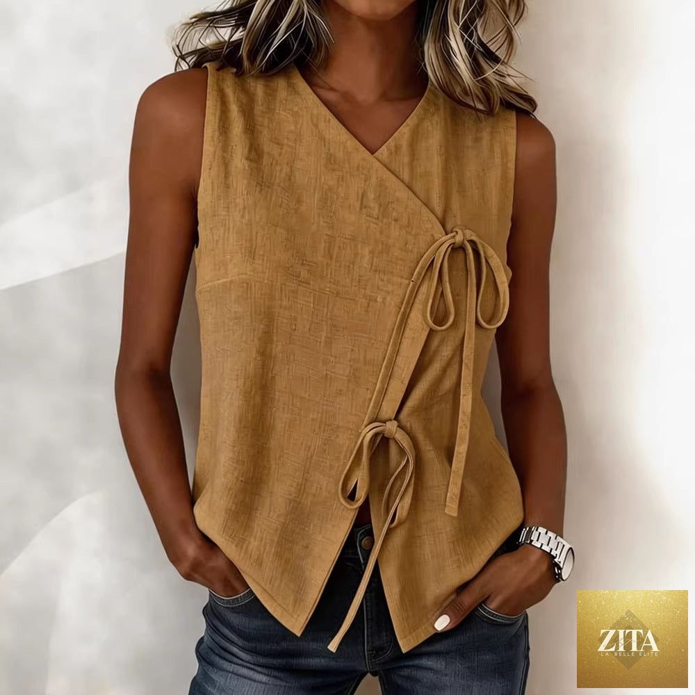 FitiqueFit Bow-Tied V-Neck Sleeveless Tank Top in five colors, casualwear for women, size S to XXL, front view with bow detail.