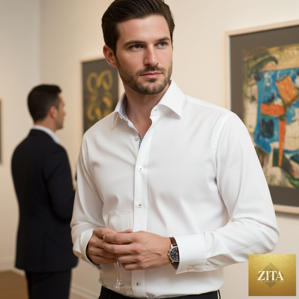 White LEVINAS® Cotton Knit-Stretch button-up shirt with contrast details, tailored fit, and long sleeves.