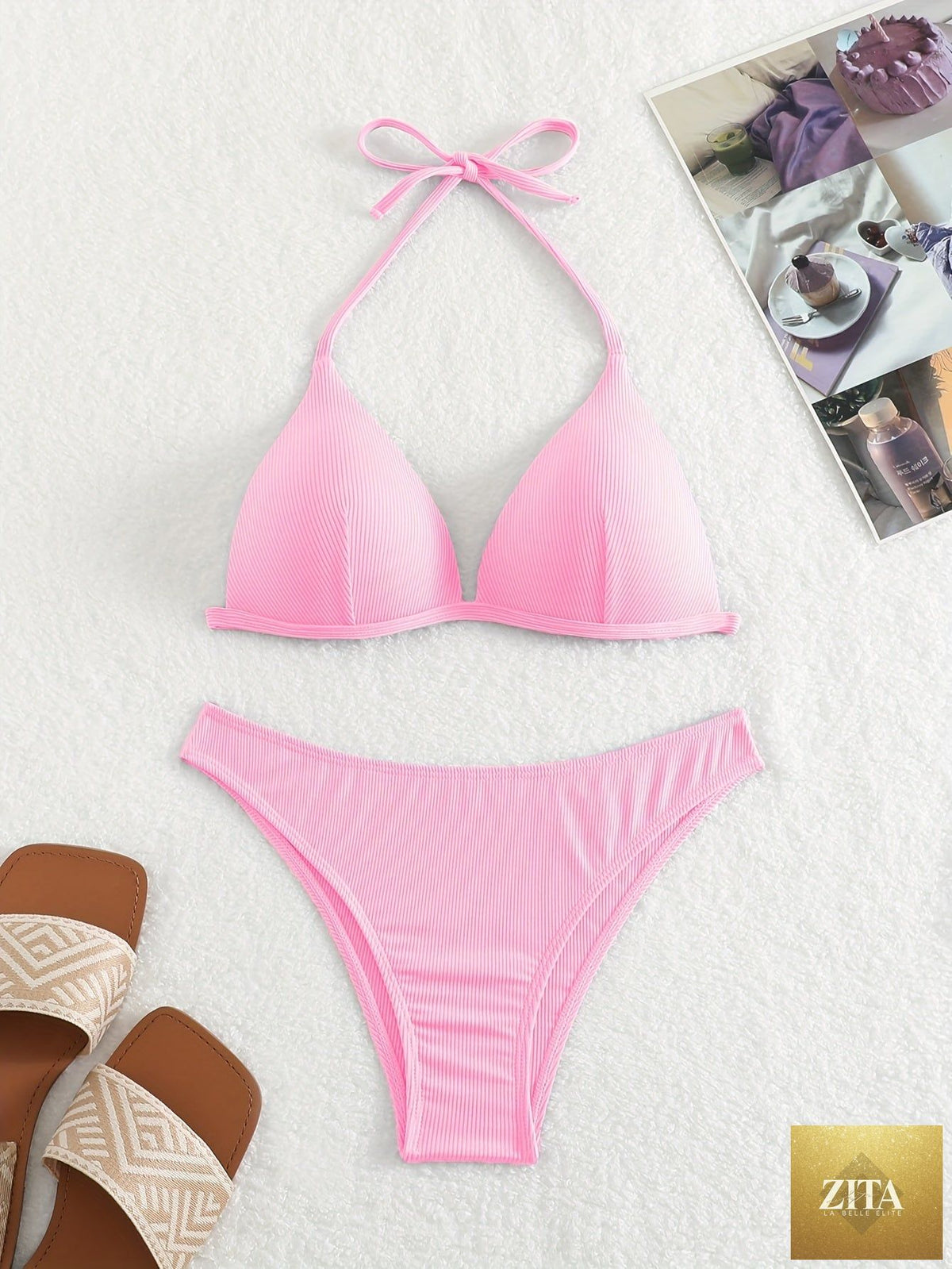 Stevvex rib knit solid color triangle bikini set with adjustable tie back halter, spaghetti straps, high stretch polyester for women.