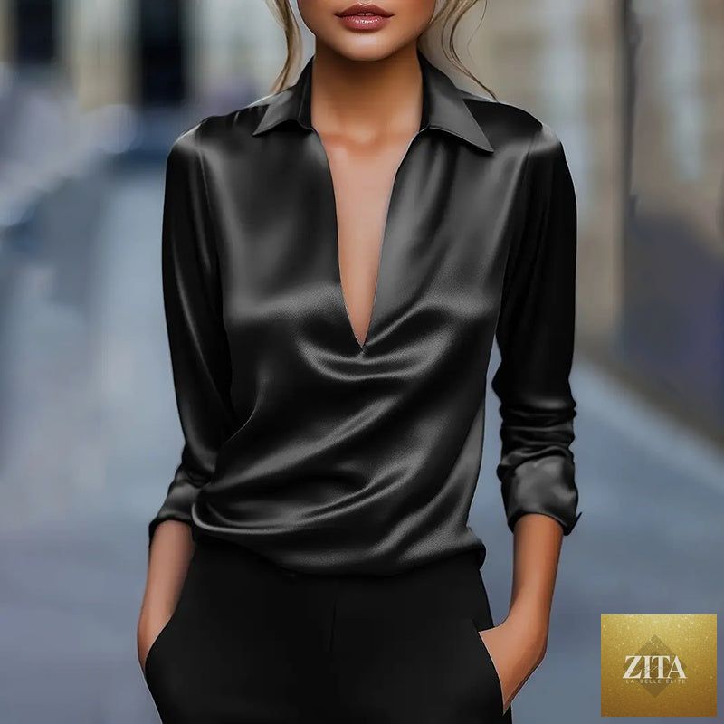Elegant women's V-neck long sleeve blouse with satin sheen, casualwear by FitiqueFit, featuring a formal shirt style.