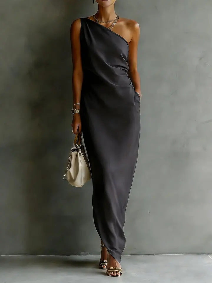 Women's satin off-shoulder slim-fit maxi dress by FitiqueFit, featuring a casual, elegant off-shoulder design in smooth satin fabric.