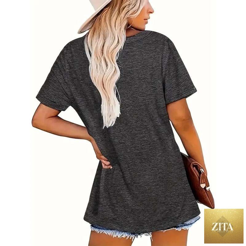 Zita La Belle Elite Sunrise Print Round Neck T-Shirt featuring a vibrant sunrise design, casualwear for everyday style.