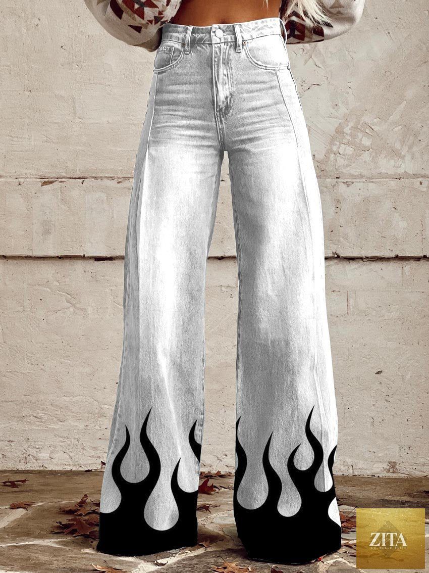Women's printed flare pants by Zita La Belle Elite, mid-waist, full-length plus size casualwear with colorful floral pattern.