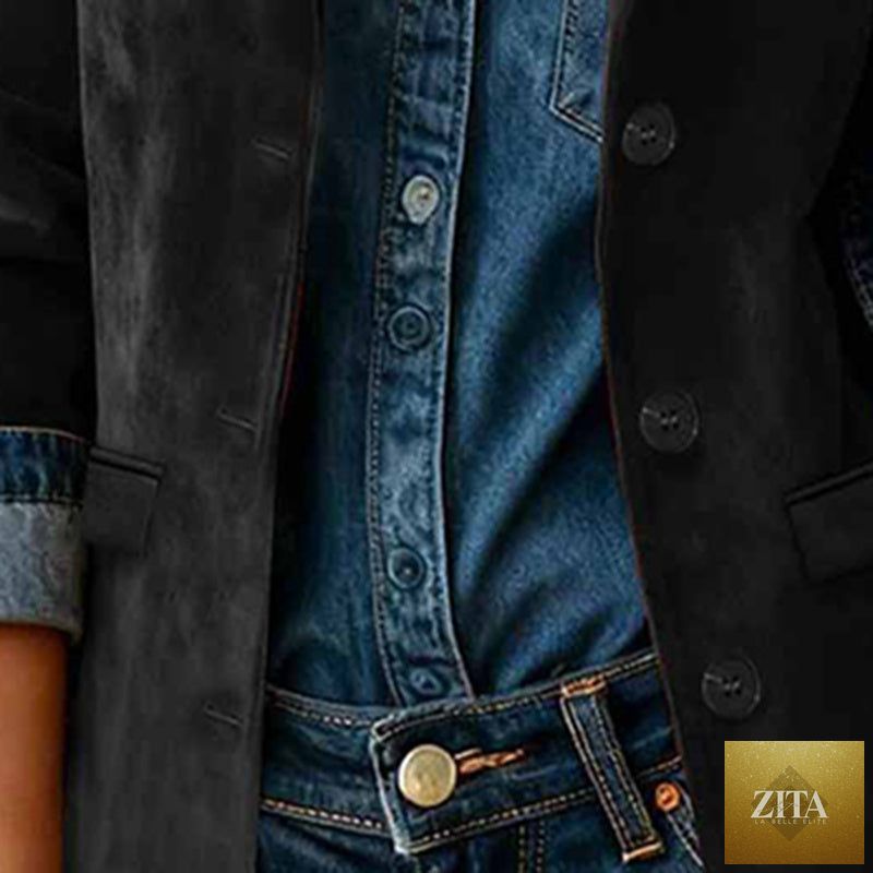 Plus size women's solid color blazer jacket by FitiqueFit, shown on a model, tailored fit with lapel collar and long sleeves.