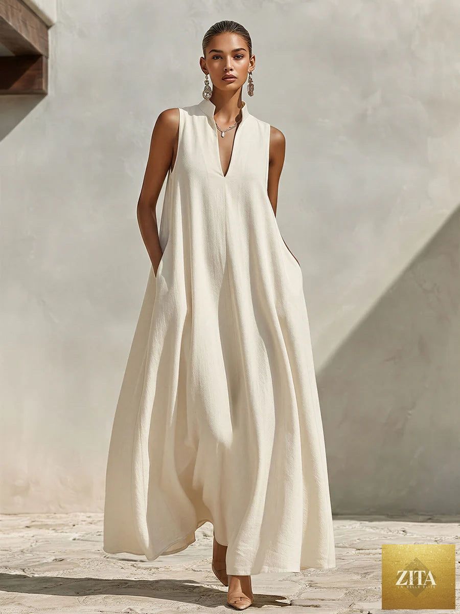 Linen blend sleeveless maxi dress with stand collar by FitiqueFit in five colors, available in sizes S to 3XL.