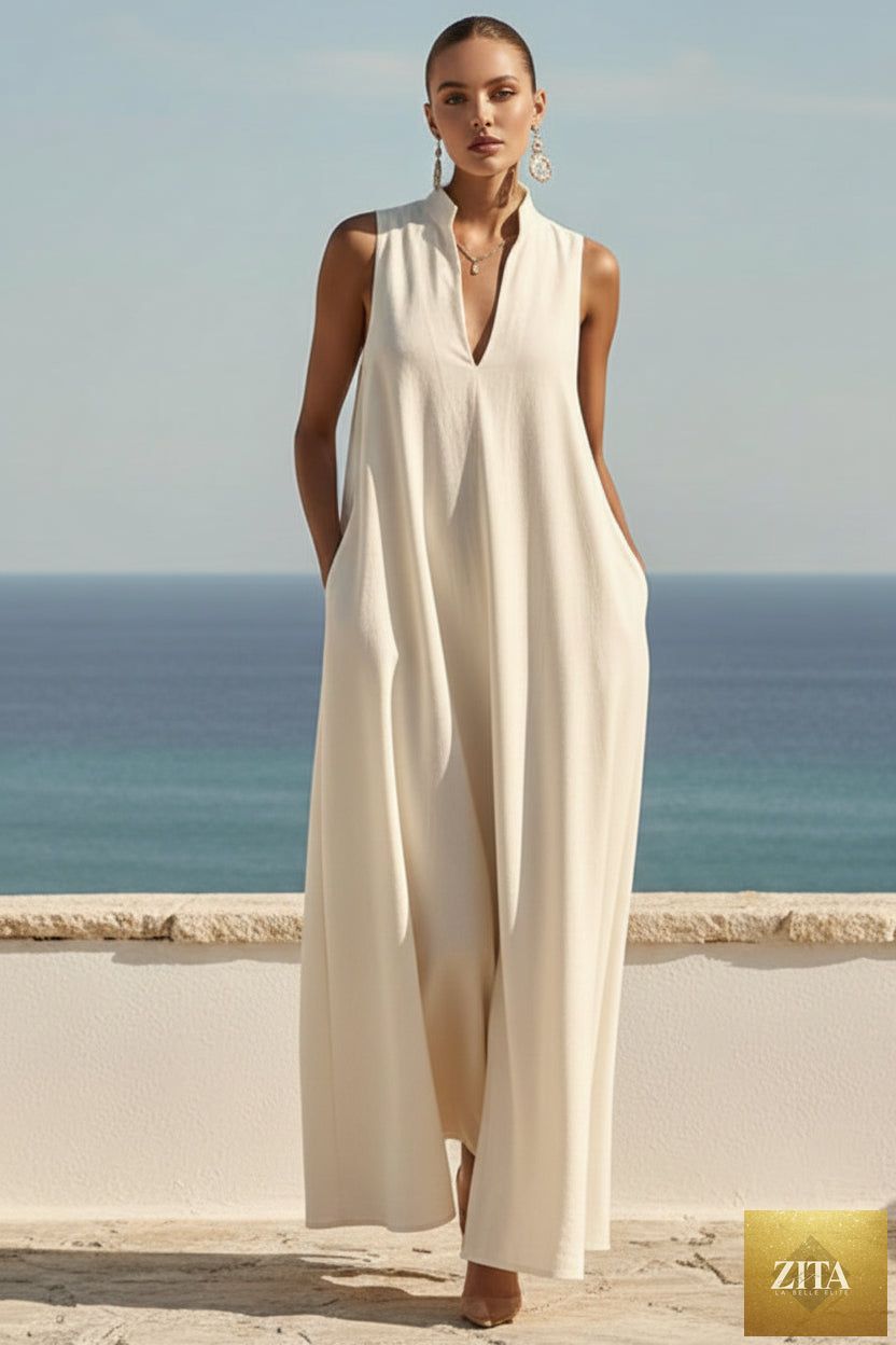 Women's sleeveless stand-collar maxi dress by MERIDGE featuring a flowy design and elegant silhouette.