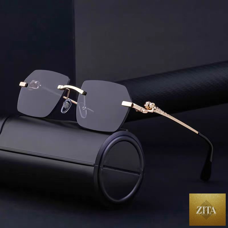 Gold frame cheetah rimless sunglasses with hip-hop style from FitiqueFit, featuring bold, fashionable eyewear with a sleek design.