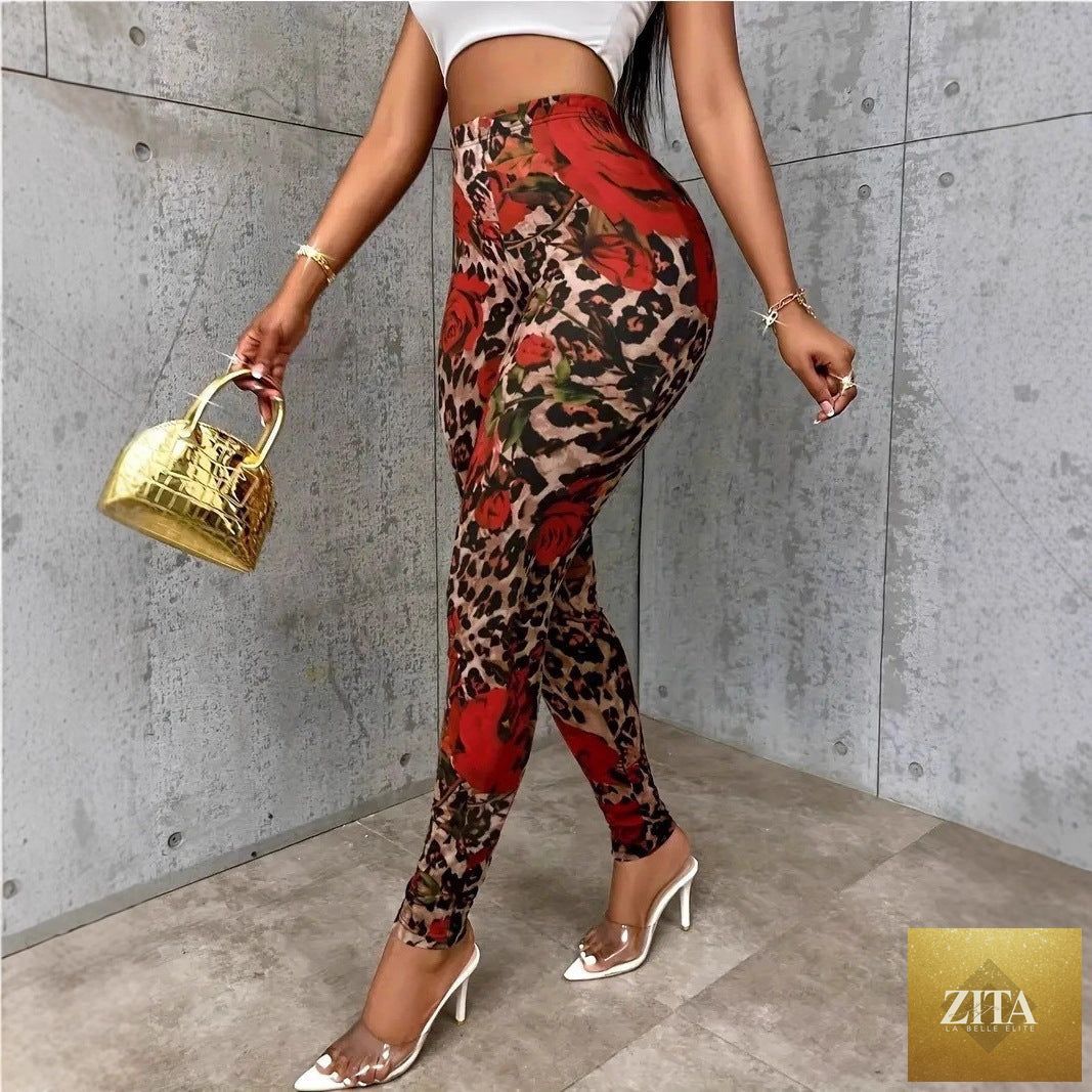 Womens Floral Print Stretchy Waist Leggings