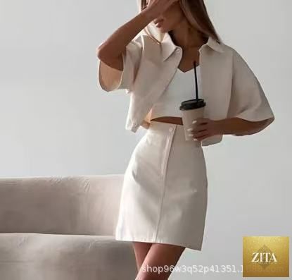 Zita La Belle Elite women's casual three-quarter sleeve button top and mini skirt set, stylish and comfortable preppy outfit.