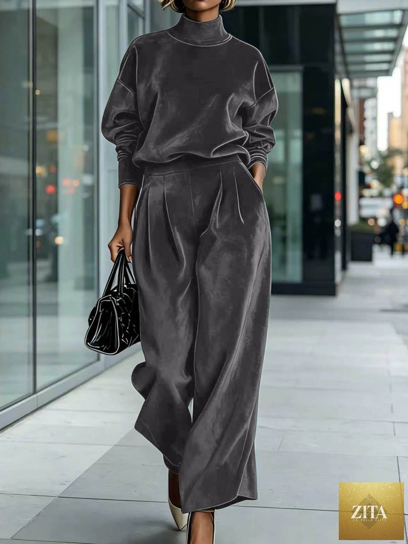 Women's Mock Turtleneck Balloon Sleeve Top & Pleated Wide-Leg Trousers Set