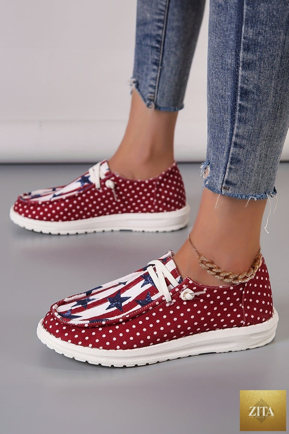 Women's casual shoes by Wild and Free Boutique featuring racing red polka dots, stars, and stripes for Independence Day celebrations.