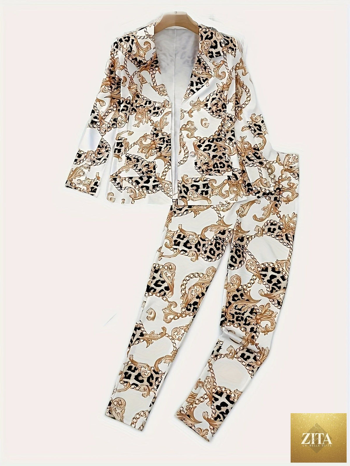 Geometric print two-piece blazer set by FitiqueFit, casualwear with tailored blazer and matching pants, stylish and modern.