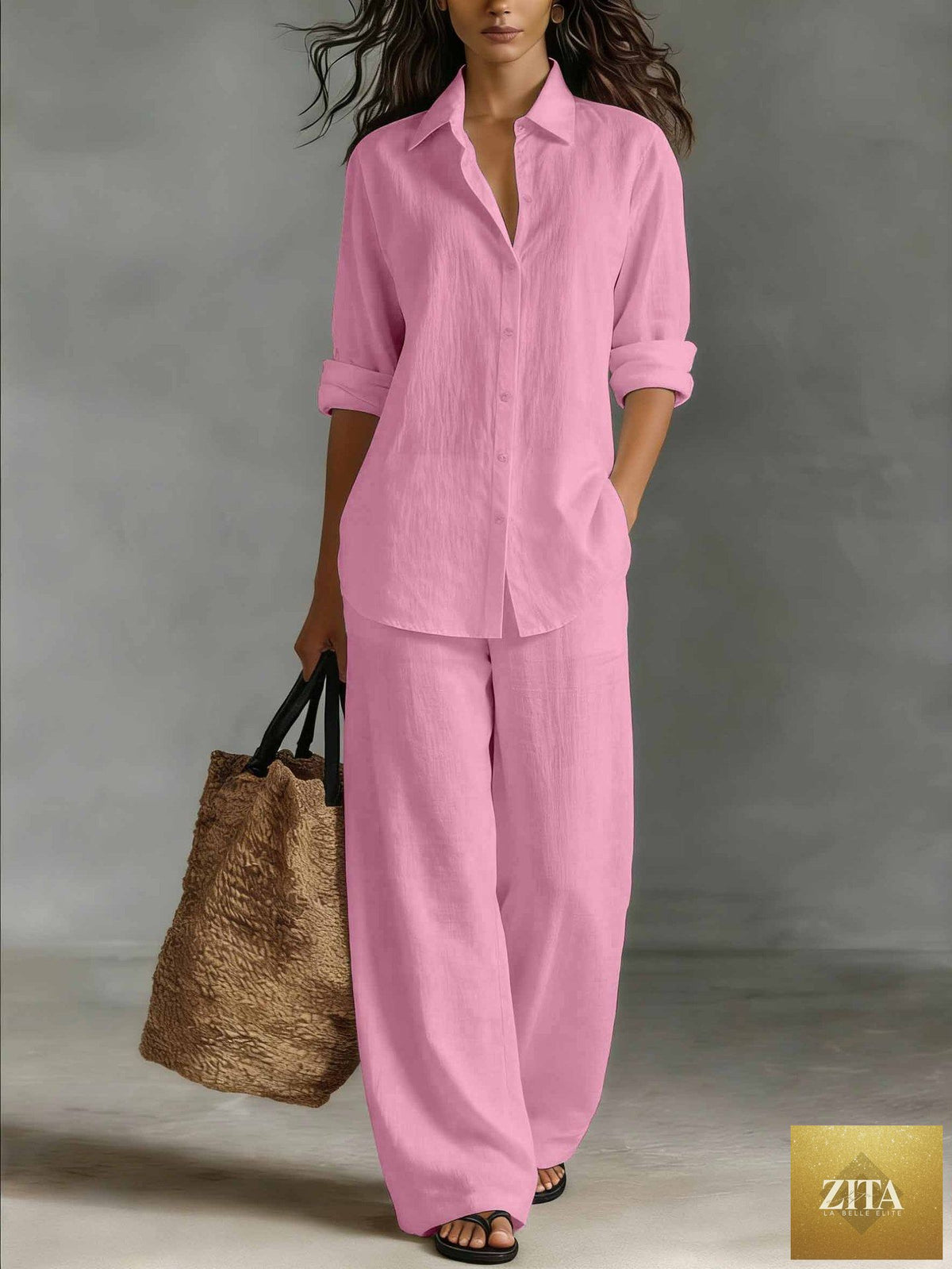 Women's bohemian cotton-linen top and pants set by Zita La Belle Elite, casual resort lounge co-ord in relaxed, stylish fabric.