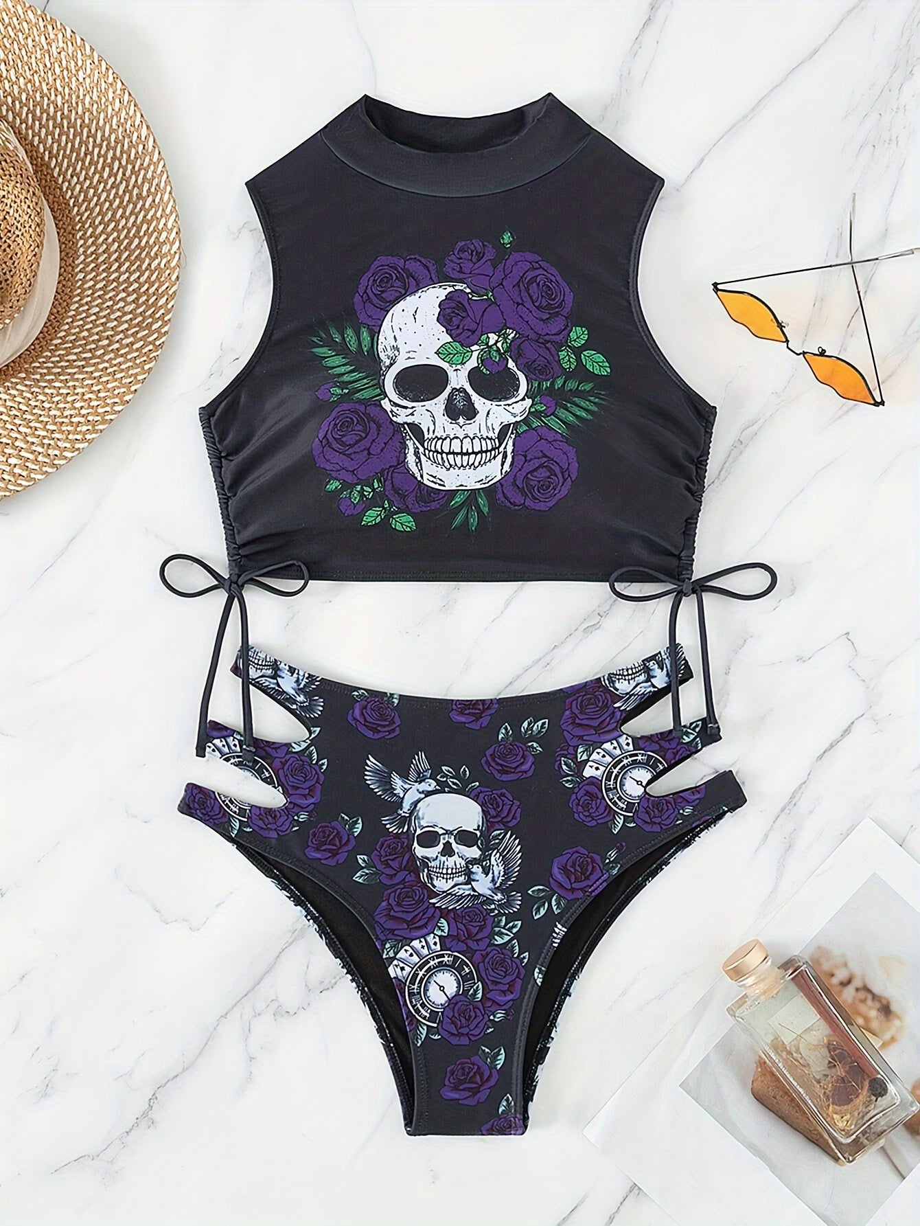 Stevvex bikini with skull print, floral lace-up design, hollow-out style, high stretch fabric, perfect for beach, festival, summer.