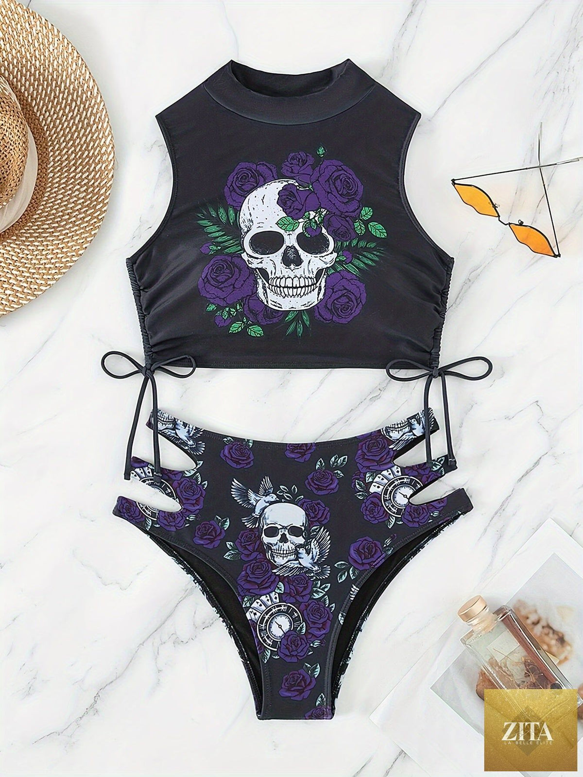 Stevvex bikini with skull print, floral lace-up design, hollow-out style, high stretch fabric, perfect for beach, festival, summer.