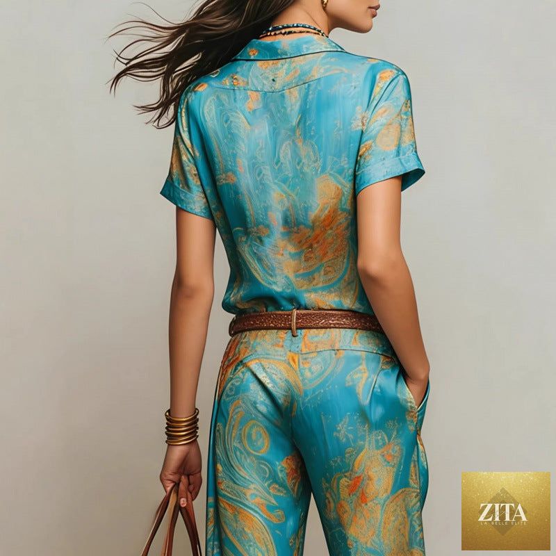 Women's bohemian printed resort two-piece casualwear set with 3/4 sleeve shirt and matching pants by Zita La Belle Elite.