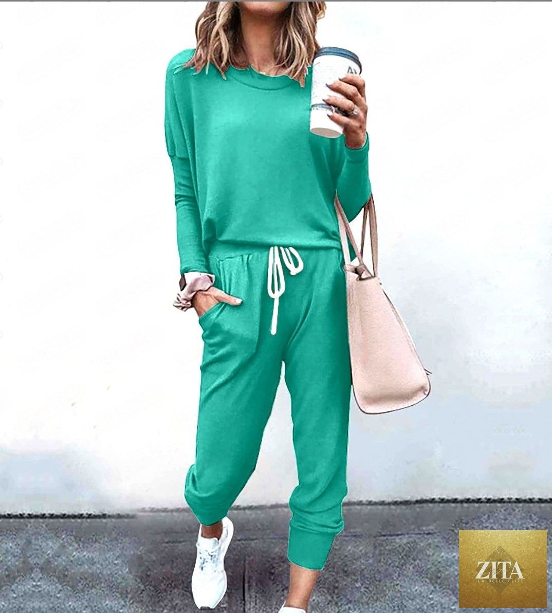 Zita La Belle Elite women's long sleeve T-shirt and pencil pants set with striped and solid designs, loose fit, casual style.