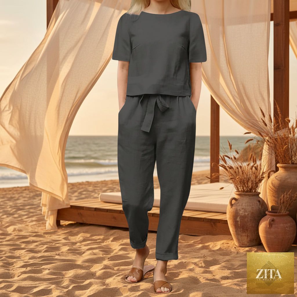 Zita La Belle Elite wide-leg pants two-piece set in solid color, casual lounge suit with relaxed fit and comfortable fabric.