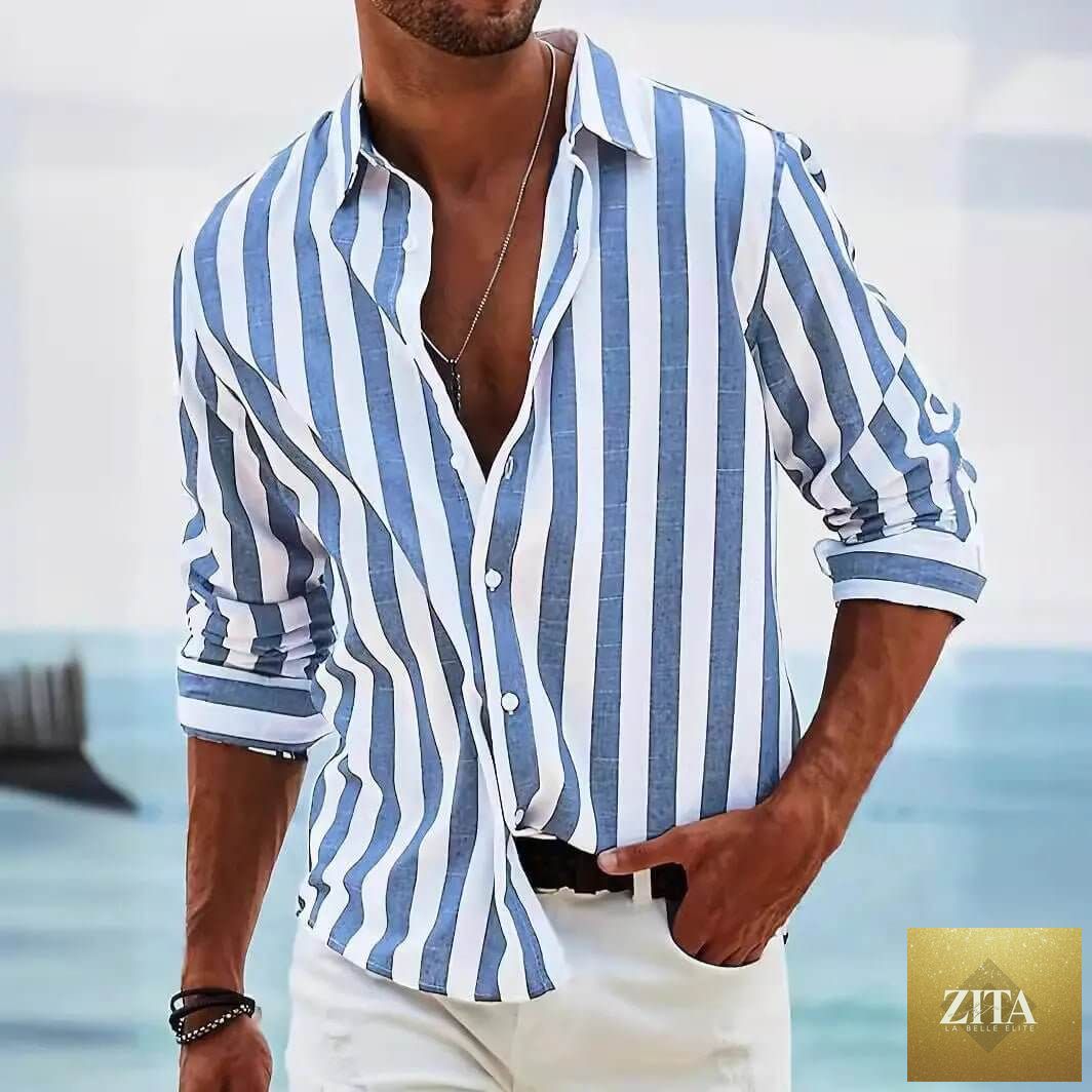 Men's SnagBag striped print casual long-sleeved shirt with a loose fit, featuring a stylish striped pattern.