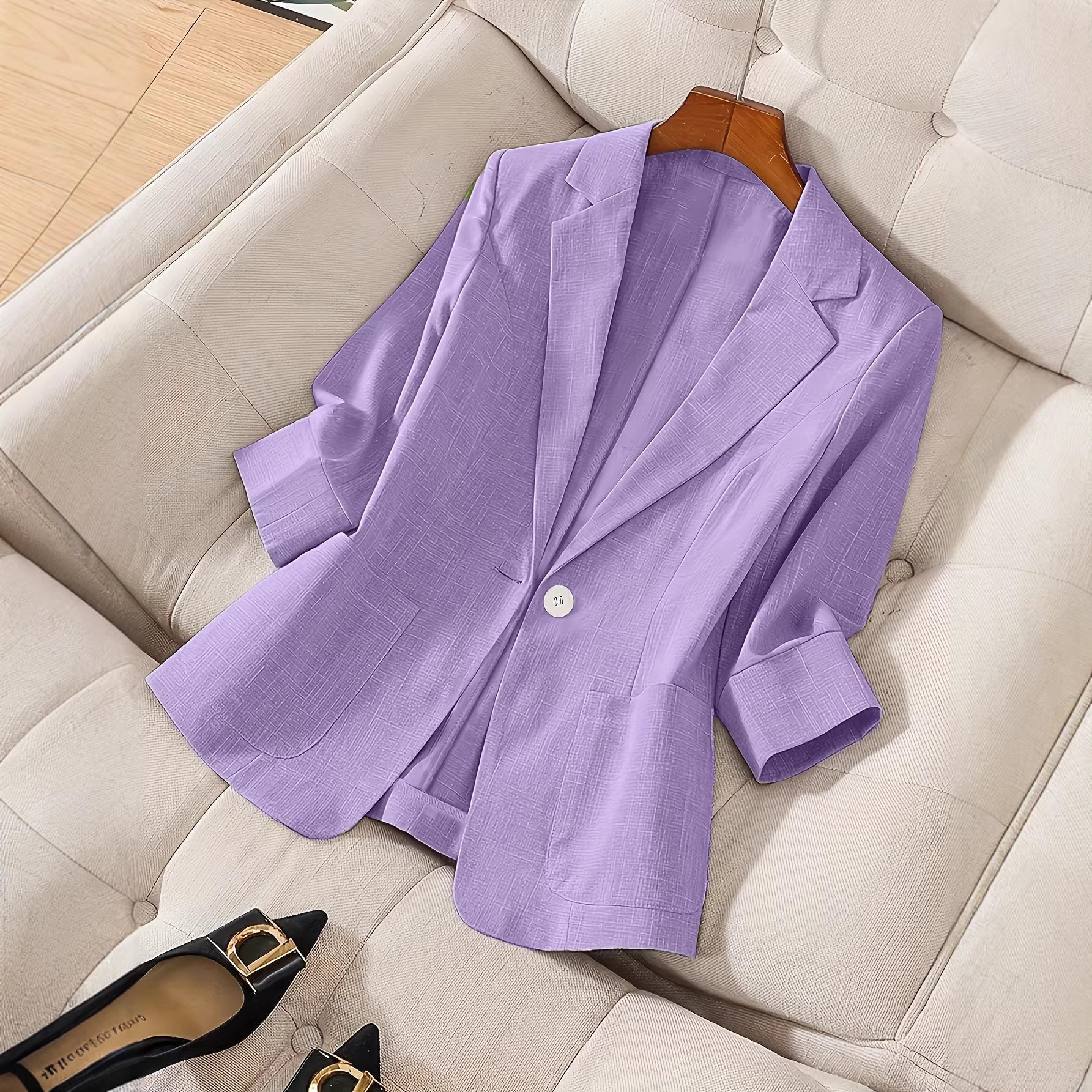 Women's FitiqueFit three-quarter sleeve casual blazer with single button, lightweight coat, and tailored fit, shown on a mannequin.