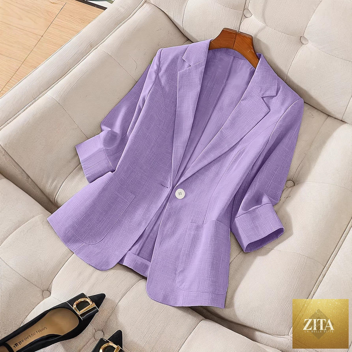 Women's three-quarter sleeve casual blazer by Zita La Belle Elite, single-button design, tailored coat with lapel collar.