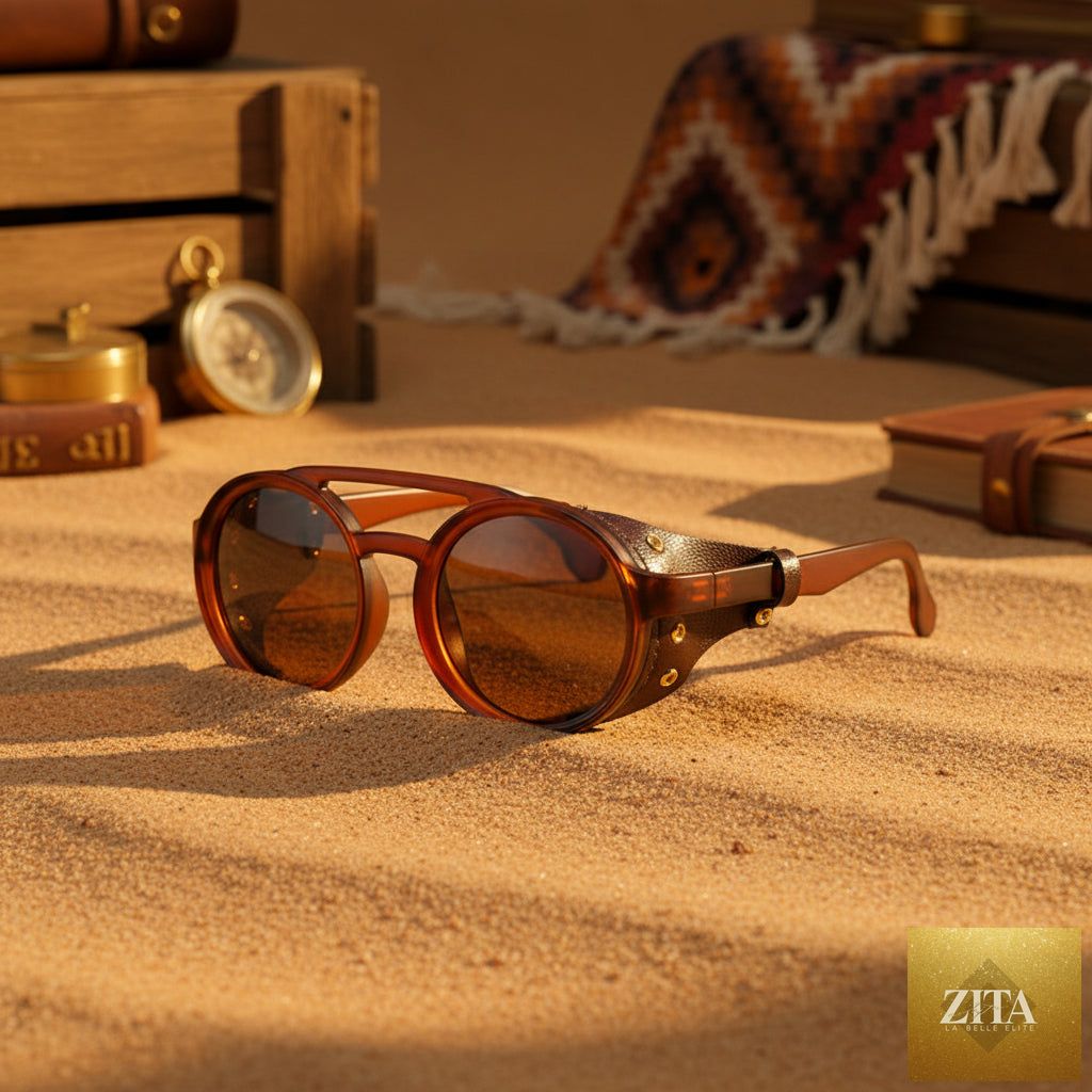 Retro round leather frame sunglasses by FitiqueFit featuring vintage-inspired eyewear with classic leather accents and tinted lenses.