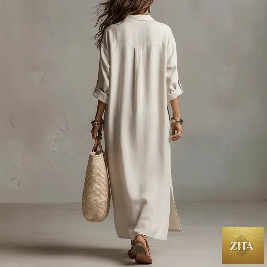 Women's linen shirt dress in relaxed fit, casualwear by Zita La Belle Elite, long-sleeve style with a comfortable, stylish look.