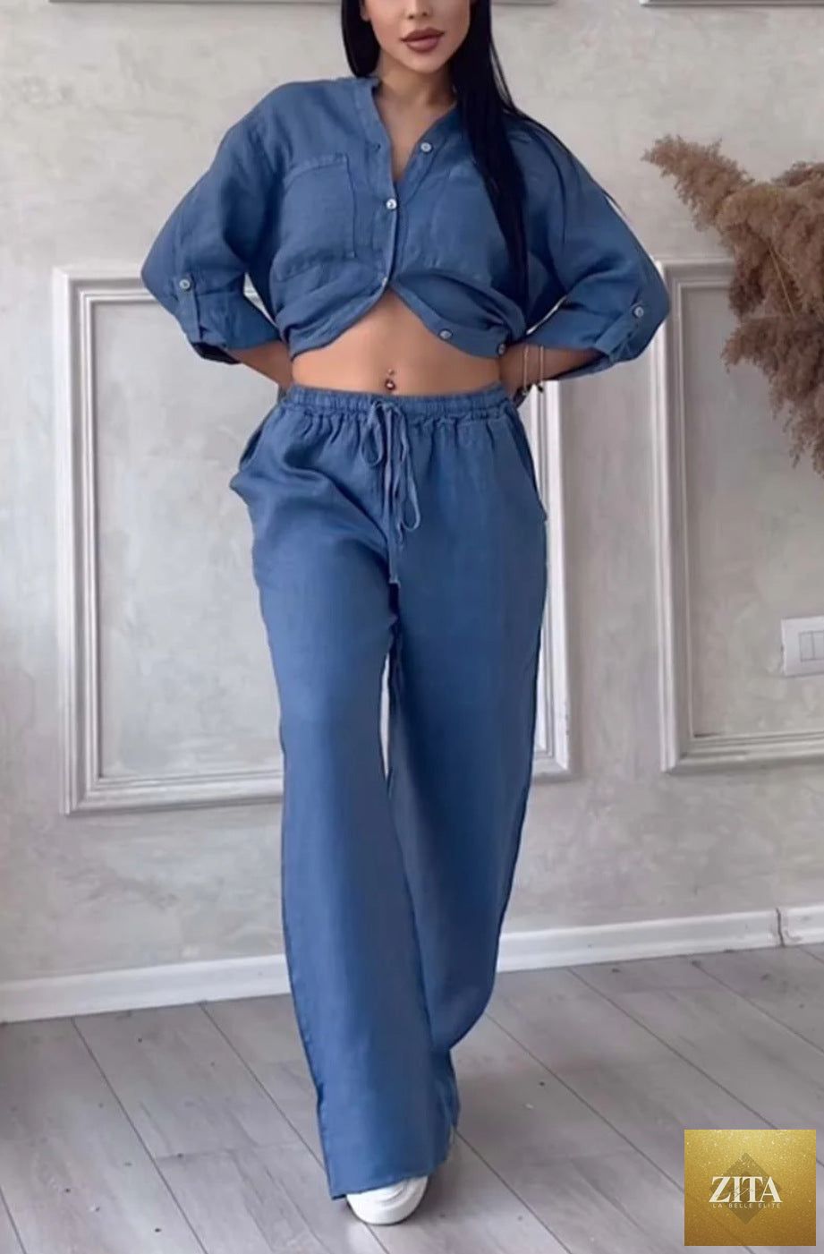 Zita La Belle Elite wide-leg pants and lace-up top two-piece set in solid color, available in 12 colors, sizes S to 5XL.