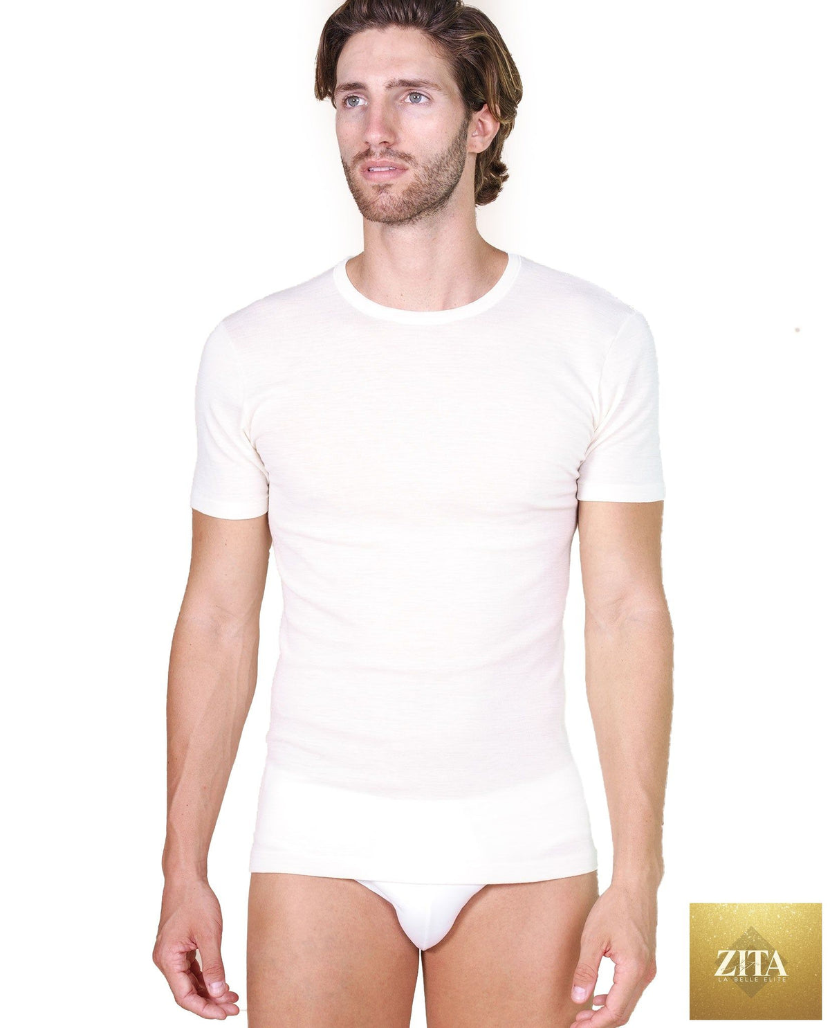 Tittimitti men's short sleeve silk T-shirt in white, made of luxury wool silk blend, crafted in Italy, shown on a plain background.