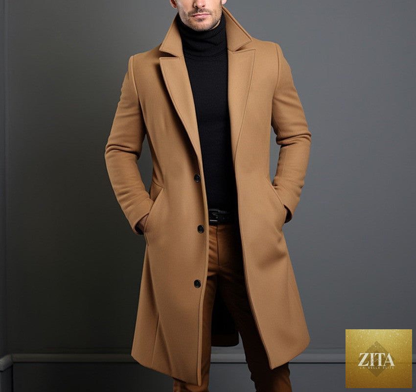 Men's mid-length trench coat by Social Buzz eSIMs, fall winter slim-fit overcoat with collar, pockets, single-breasted design, casual style.