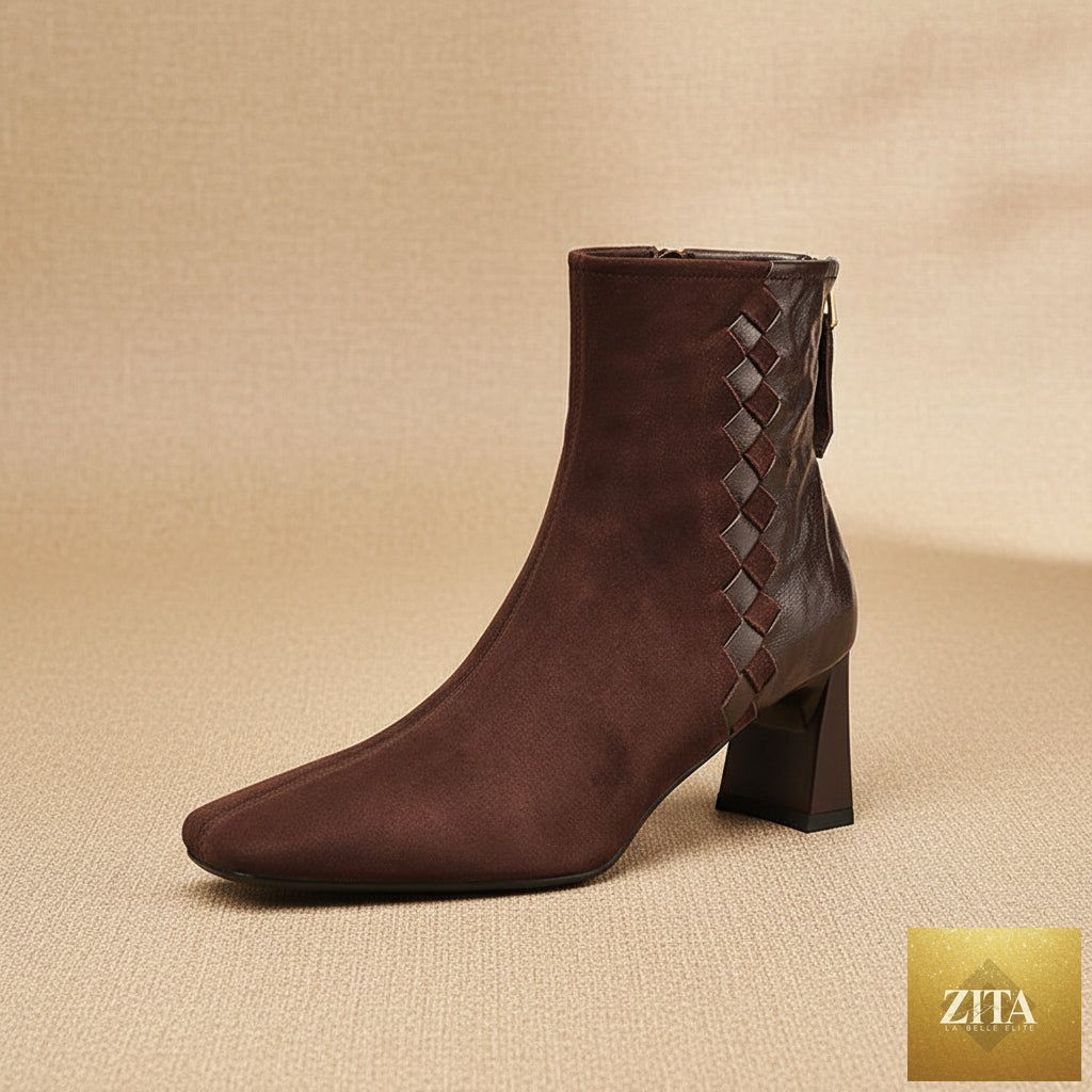 Women's sheepskin ankle boots with square toe and chunky heel, featuring Korean patchwork style by Zita La Belle Elite.