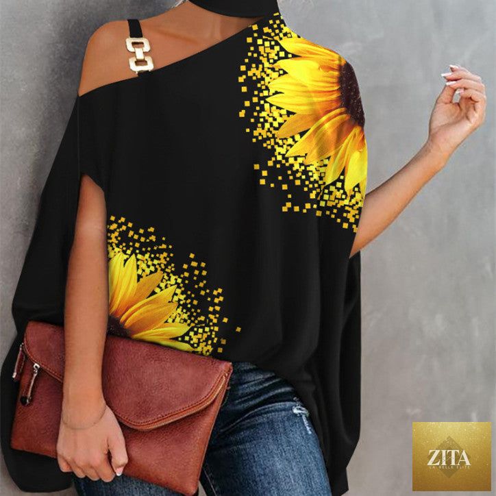 Women's one-shoulder printed T-shirt from Zita La Belle Elite, casualwear with a stylish, relaxed fit and vibrant pattern.
