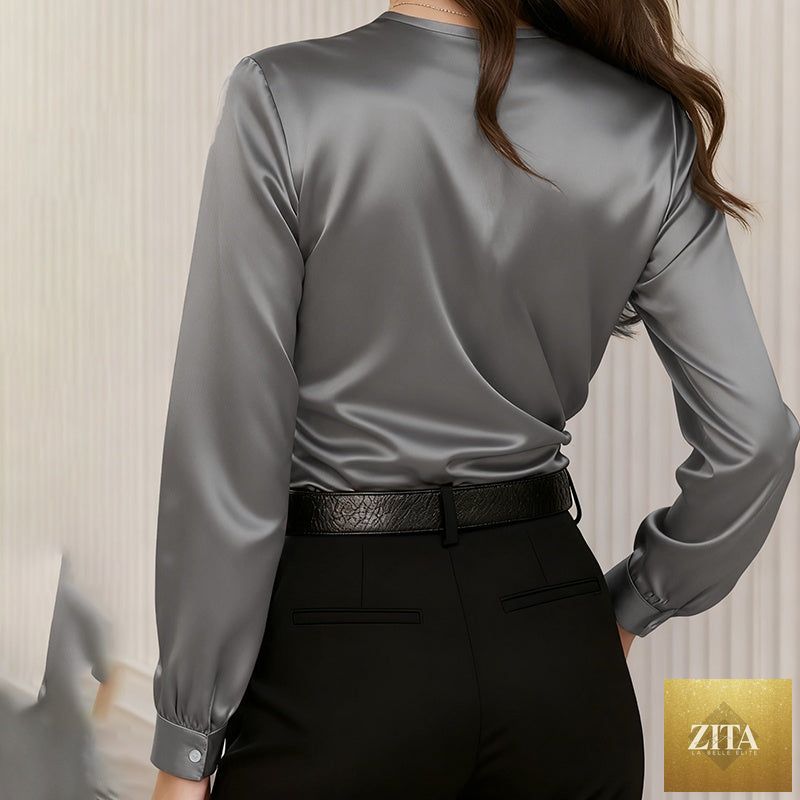 Women's FitiqueFit elegant cross V-neck blouse with ruffle details and button accents, perfect for office casualwear.