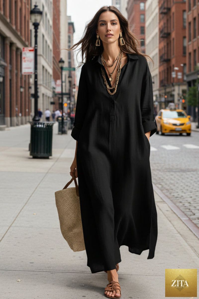 Women's casual linen shirt dress by Zita La Belle Elite, featuring a relaxed fit and long sleeves, styled for comfortable everyday wear.