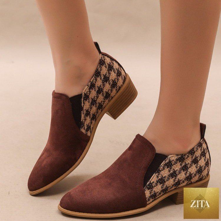 Women's retro color-block slip-on heels with round toe and mid heel in vibrant shades, stylish FitiqueFit footwear.