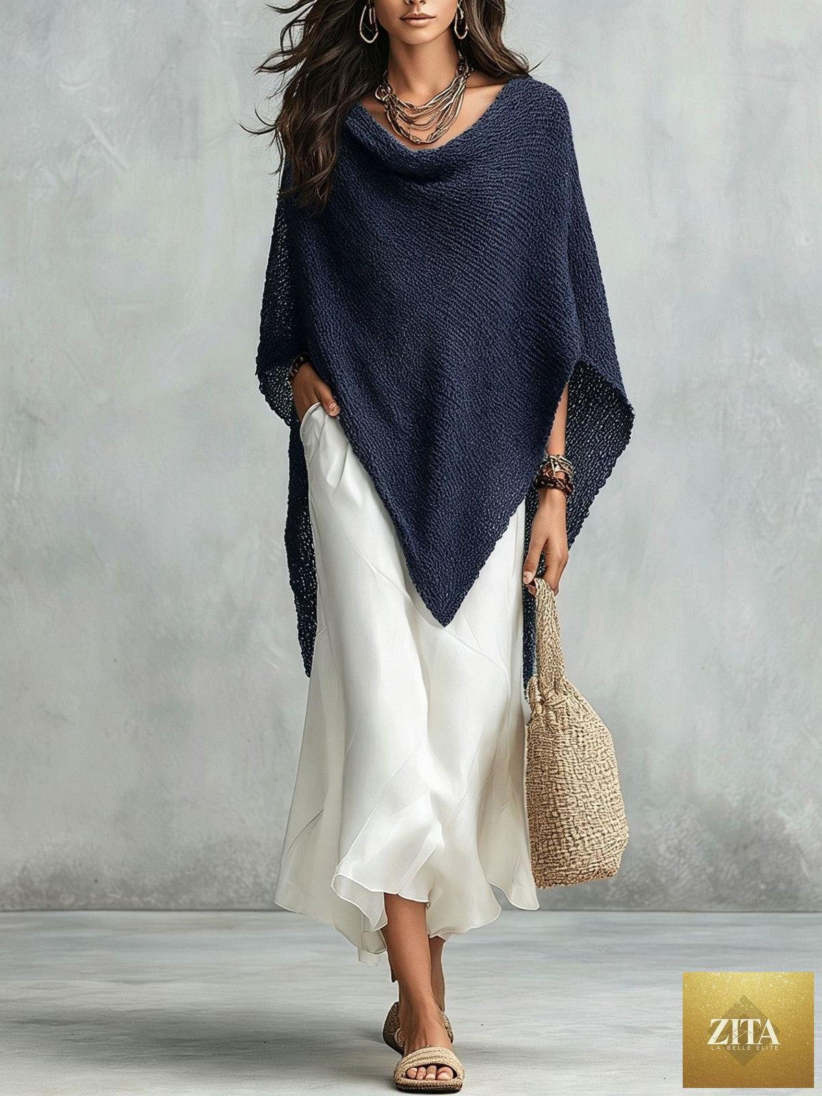 Women's Open-Knit Asymmetric Cape & Ruched V-Neck Fluid Maxi Dress Set
