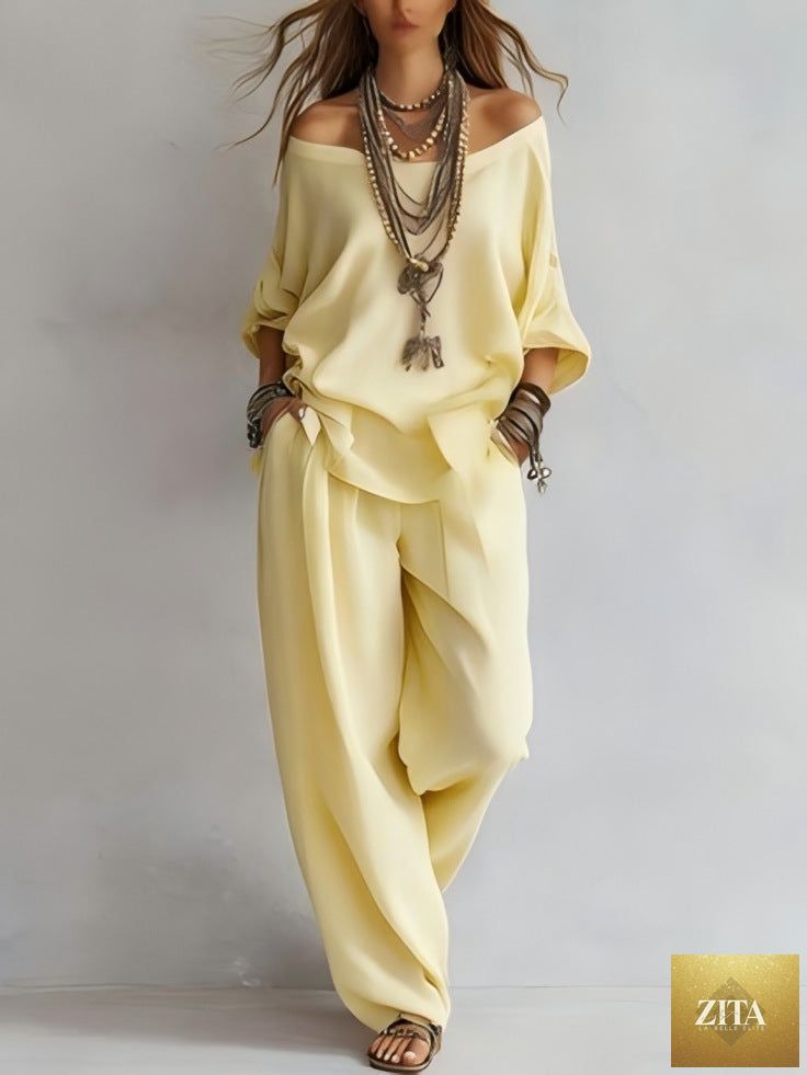 FitiqueFit chiffon puff-sleeve top and wide-leg pants casualwear set displayed in 15 colors, featuring lightweight, flowy fabric.