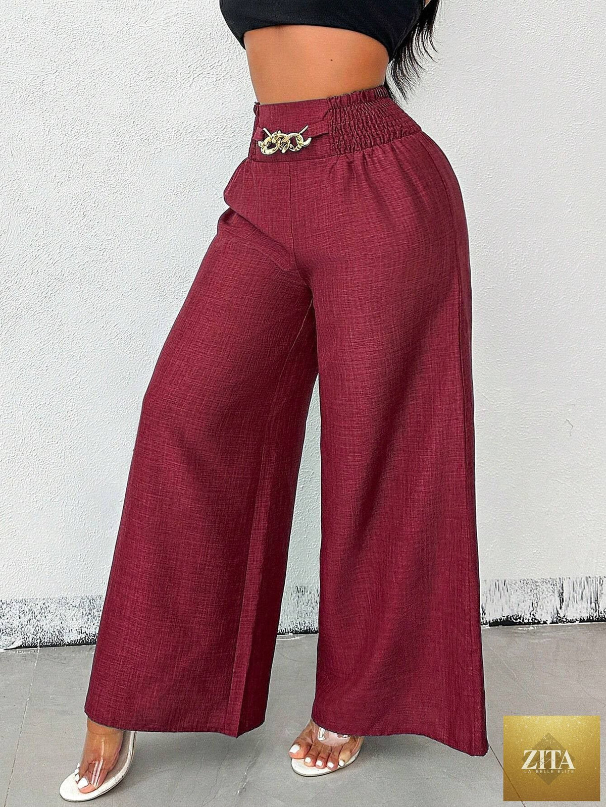 Women's high-waist drapey wide-leg casual pants by Zita La Belle Elite in five colors, featuring an elastic drawstring waist.
